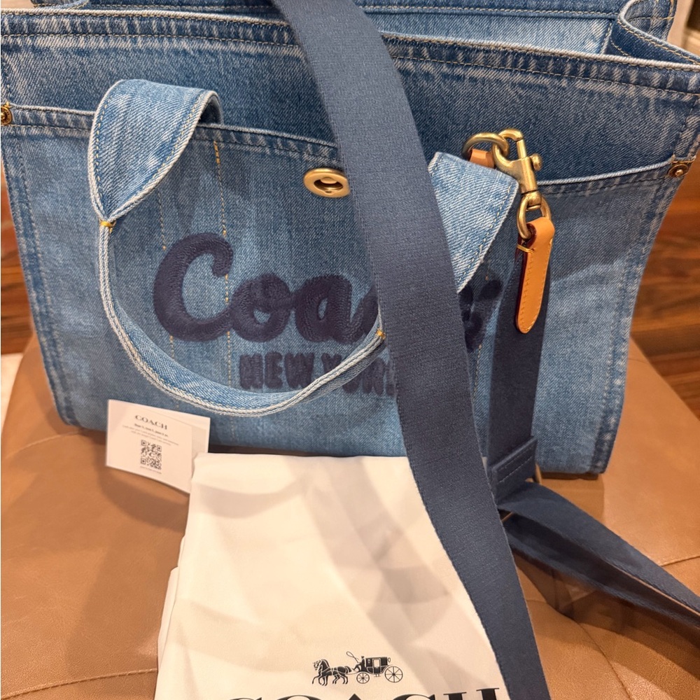 Coach Denim Tote with Navy Strap and Tan Leather Trim